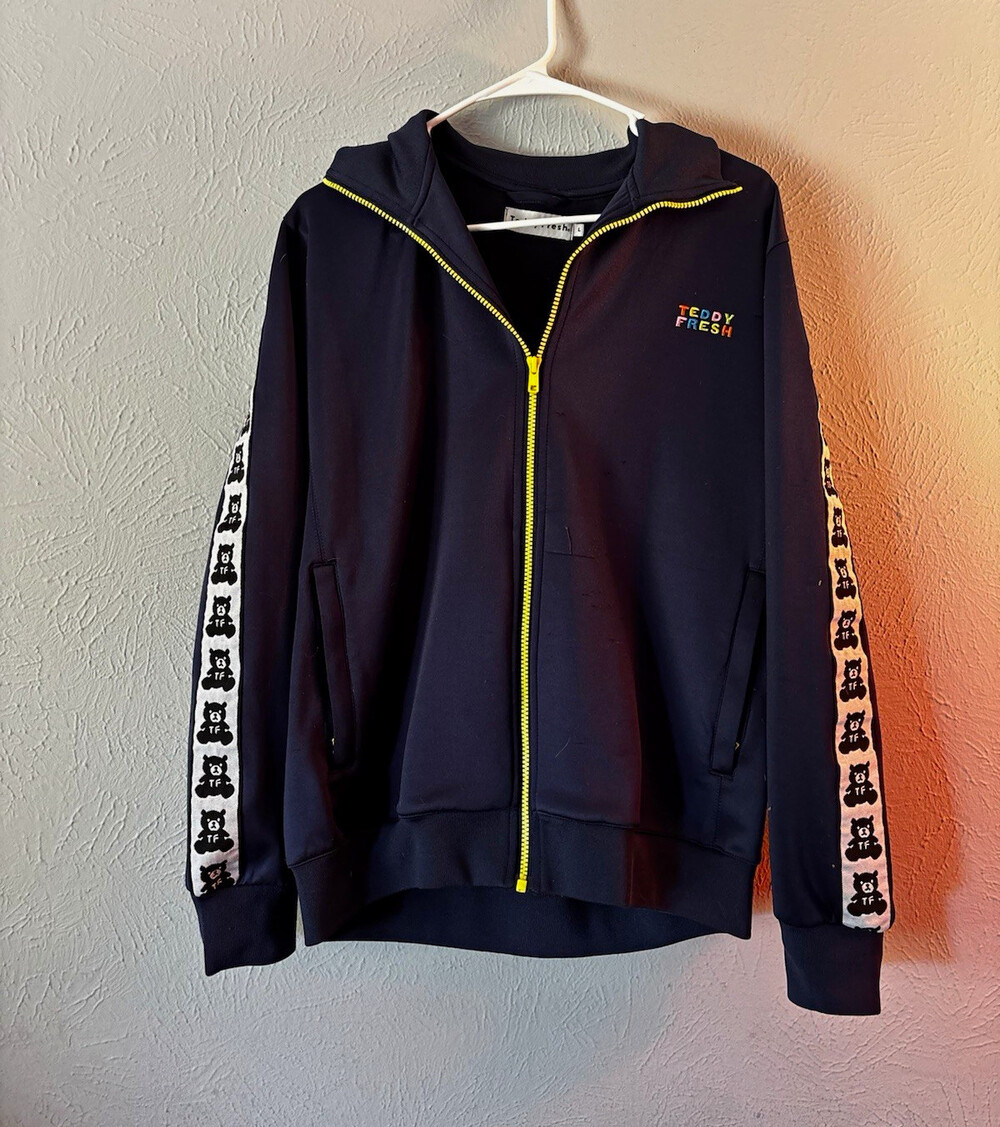 Teddy Fresh Men's L Full Zip Graphic Print Hoodie Black Yellow Pockets Logo